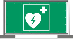 Bauzaunbanner Mesh grundfarbig Grün mit Symbol Defibrillator nach DIN ISO 7010